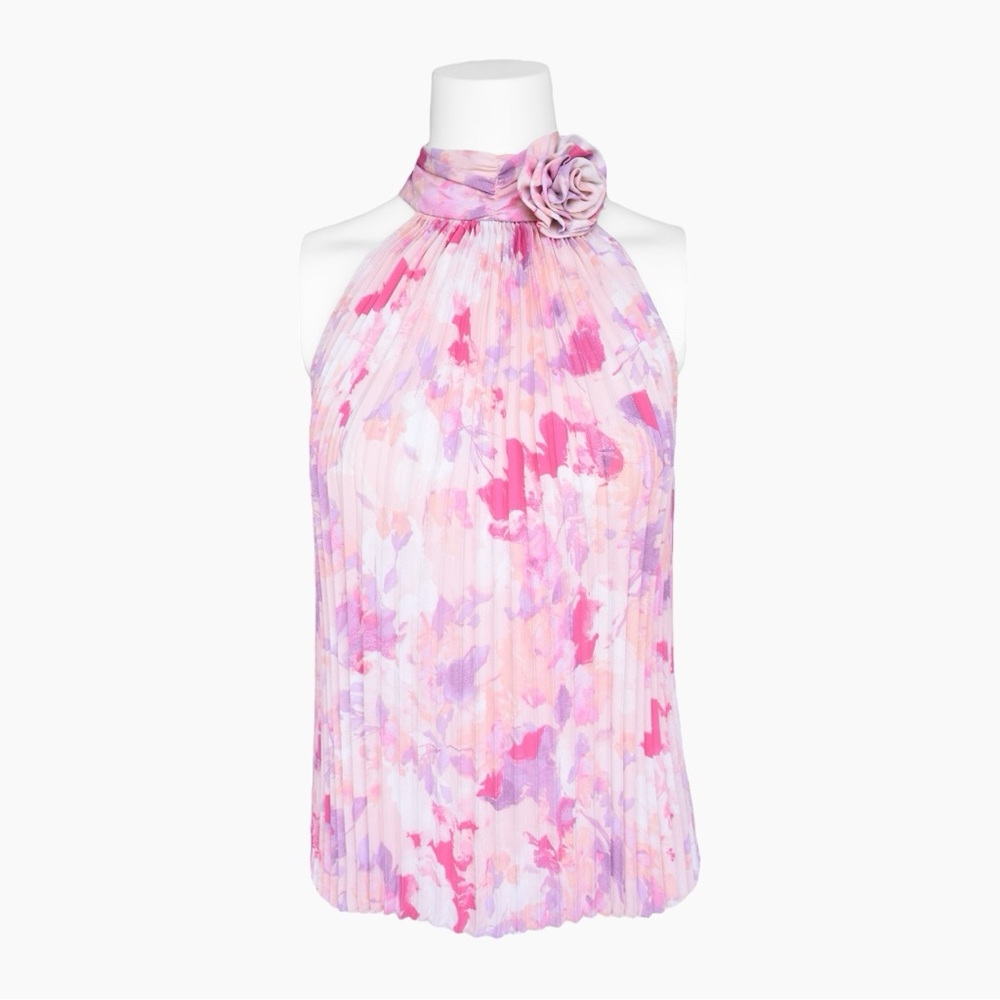 CeCe ✦ Pink Pattern Rose Halter Sleeveless Top